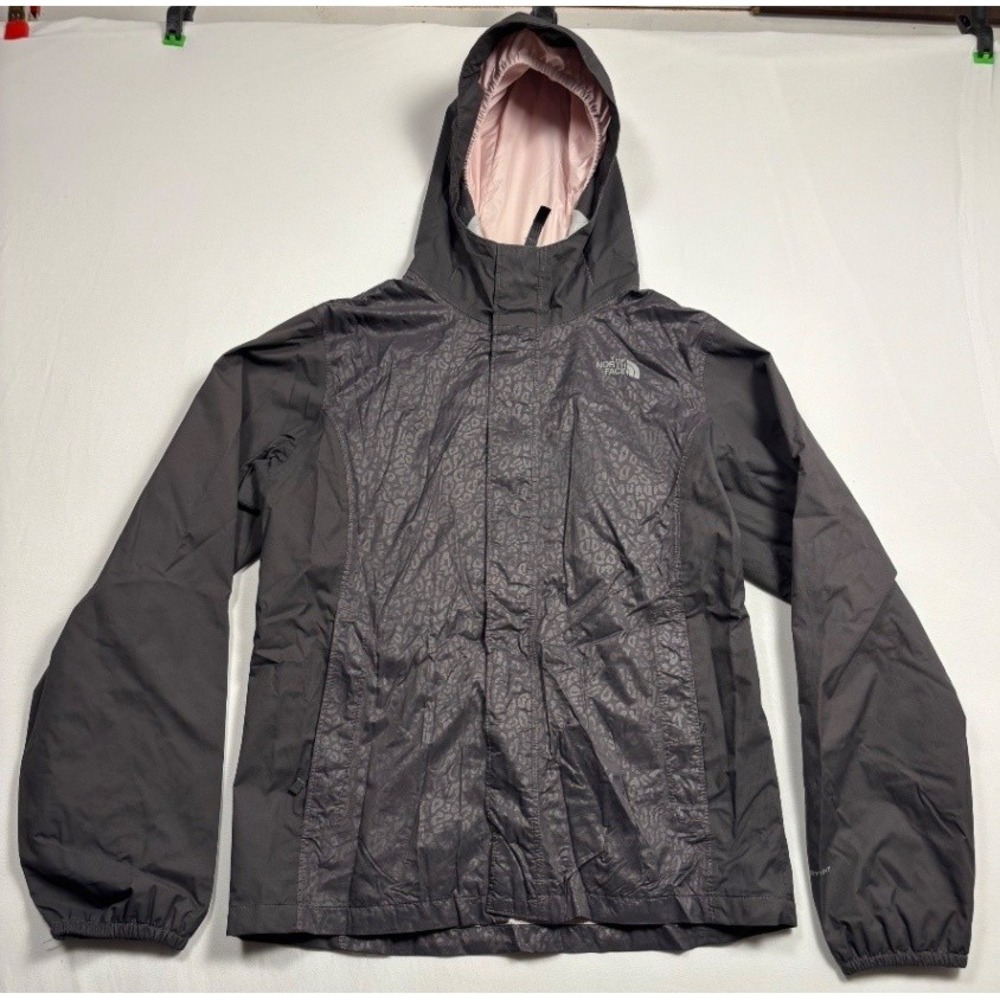 The North Face Womens Large DryVent Hooded Rain Jacket Gray Pink Animal Print